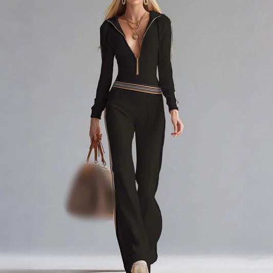 Ženski pleteni kombinezon s kapuco, V-izrezom in zadrgo