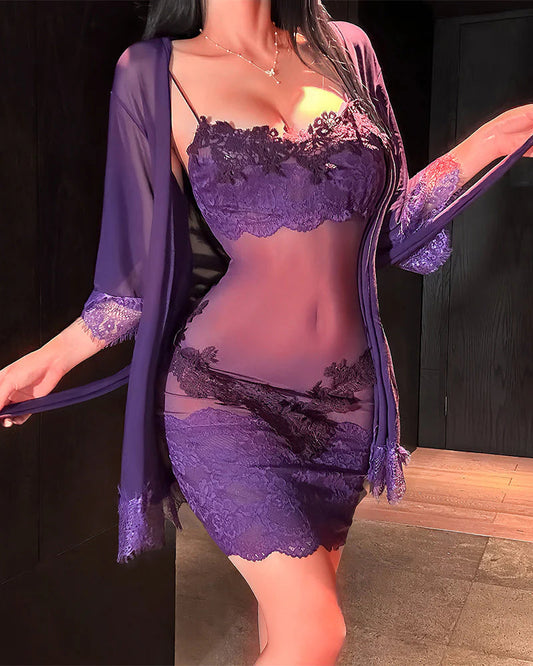 Ženski komplet pižame iz čipke in mrežaste tkanine