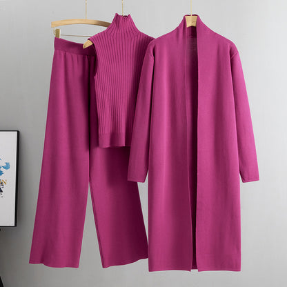 Ženski komplet iz dolgega šal kardigana + puloverja z ovratnikom + širokih hlač