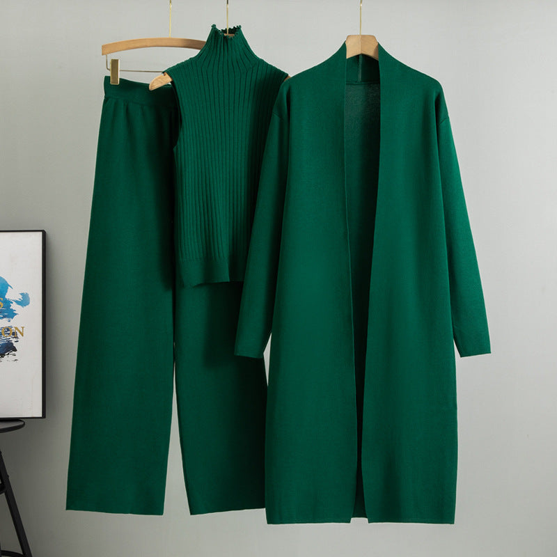 Ženski komplet iz dolgega šal kardigana + puloverja z ovratnikom + širokih hlač