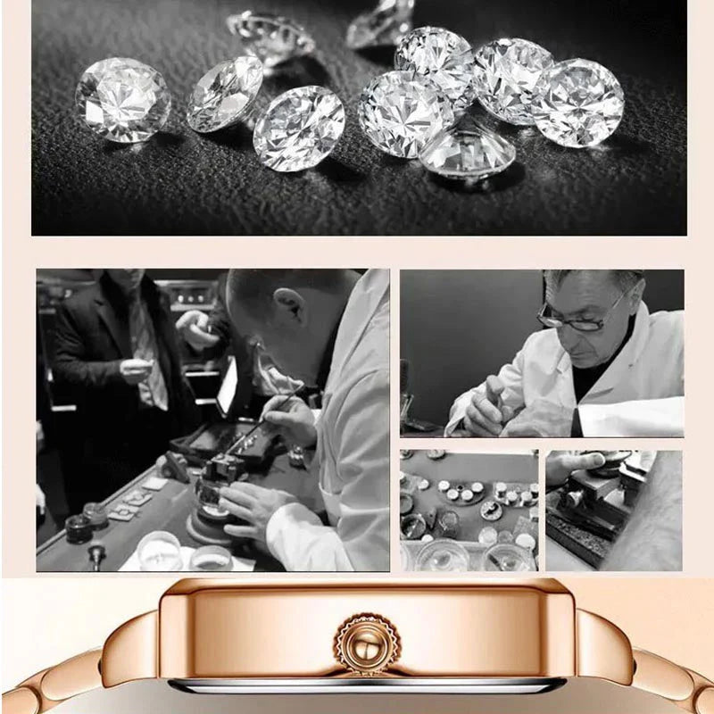 Modna kvadratna ženska ura iz rožnatega zlata z diamanti