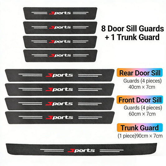🚗9dílné balení ochranných samolepek na prahy dveří auta⭐️ -⭐️ PVC kožené samolepky s texturou z uhlíkových vláken