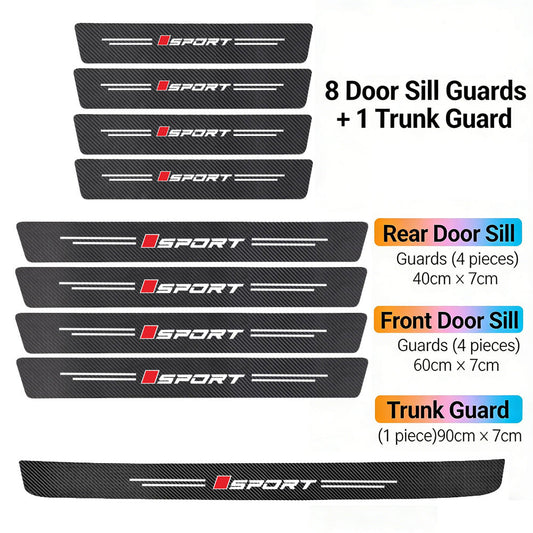 🚗9dílné balení ochranných samolepek na prahy dveří auta⭐️ -⭐️ PVC kožené samolepky s texturou z uhlíkových vláken