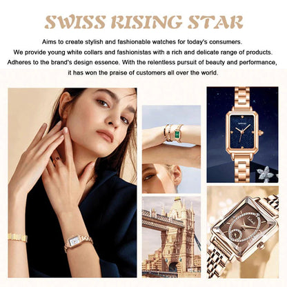 Modna kvadratna ženska ura iz rožnatega zlata z diamanti