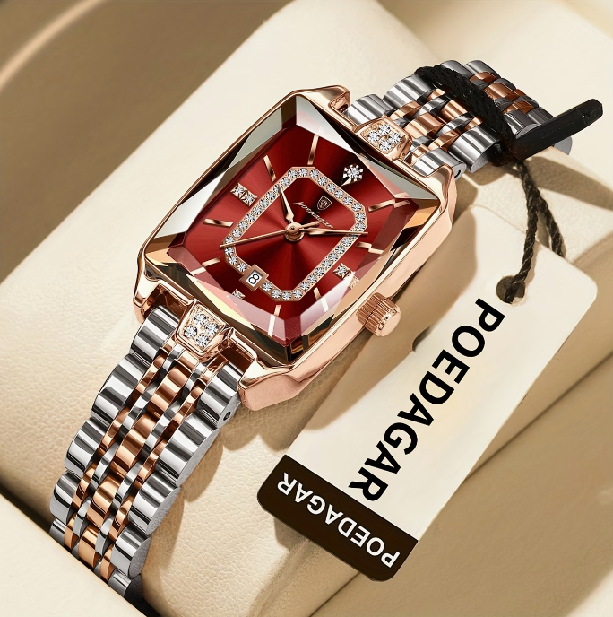 Luksuzna ženska ura | Elegantna, vodoodporna, kremenčeva ura za ženske s pravokotnim ohišjem iz nerjavečega jekla in številčnico v različnih barvah