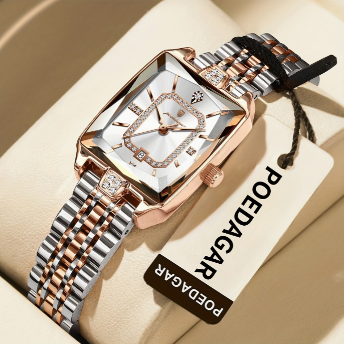 Luksuzna ženska ura | Elegantna, vodoodporna, kremenčeva ura za ženske s pravokotnim ohišjem iz nerjavečega jekla in številčnico v različnih barvah